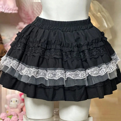 Harajuku Kawaii Lolita Cake Skirt Women Sweet Lace Patchwork Fluffy Mini Y2K High Waist Princess Streetwear Fashion Aesthetic Party Cute Ruffled Tutu Dresses