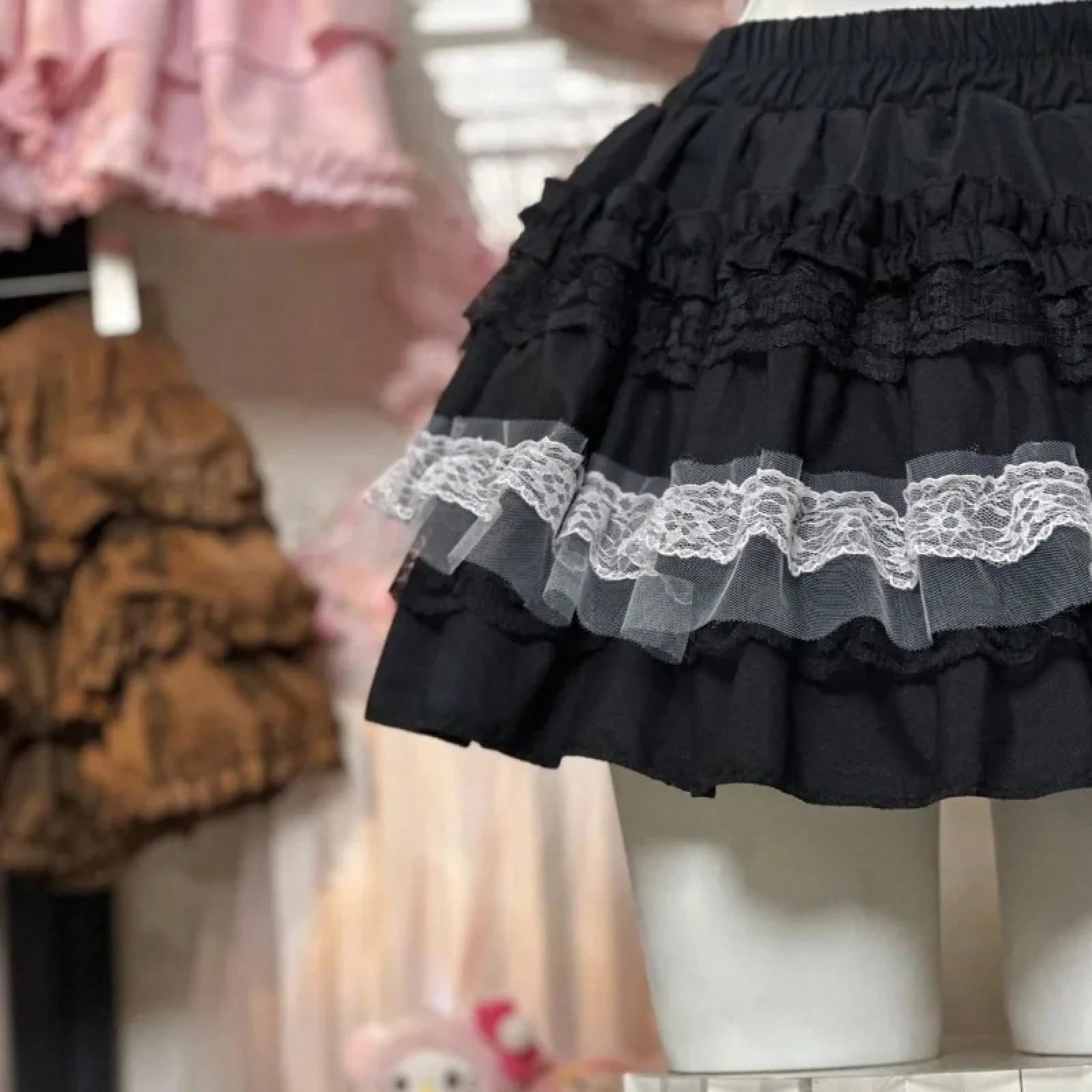 Harajuku Kawaii Lolita Cake Skirt Women Sweet Lace Patchwork Fluffy Mini Y2K High Waist Princess Streetwear Fashion Aesthetic Party Cute Ruffled Tutu Dresses