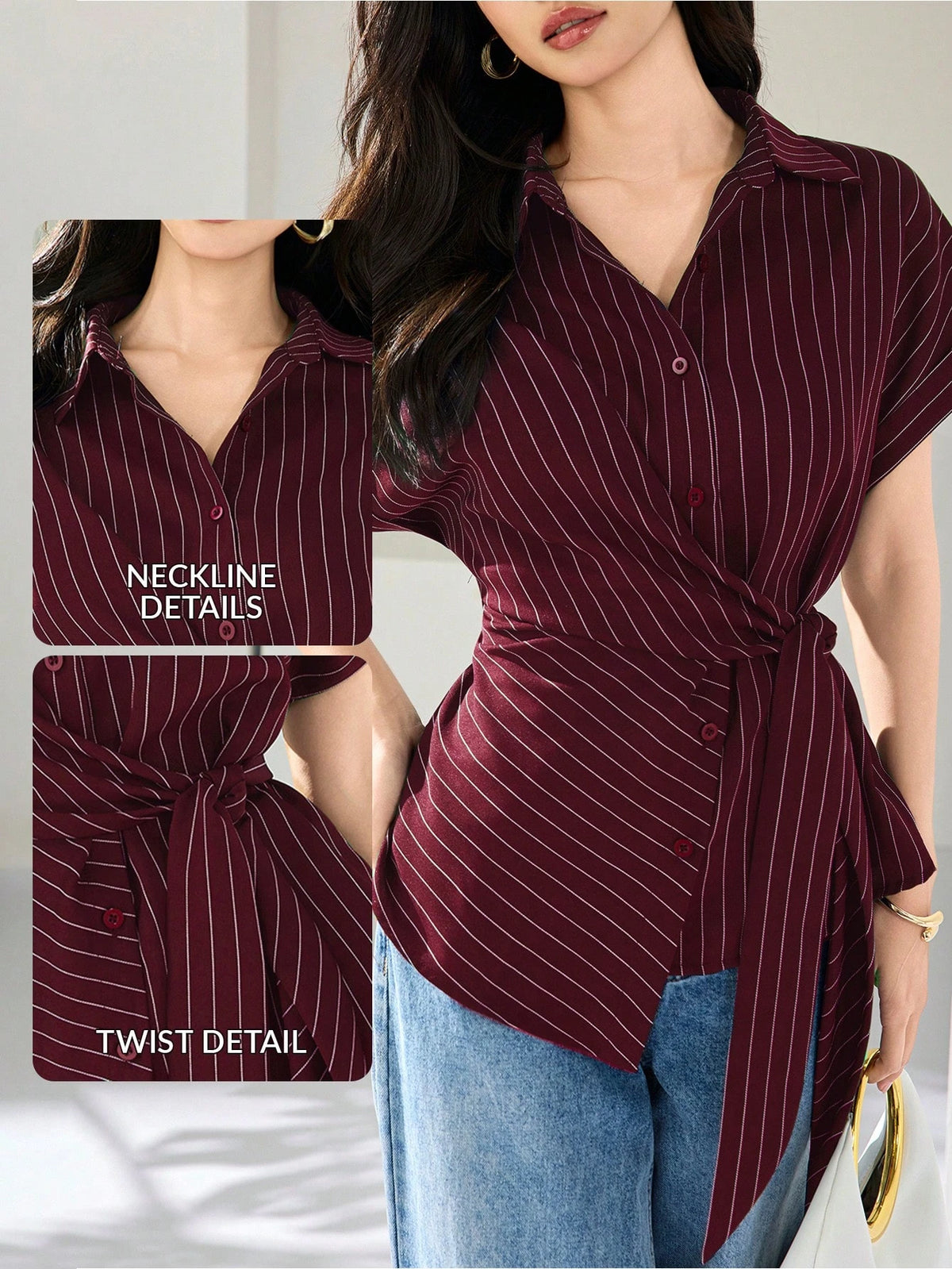 Heiryn Women's Summer Elegant Commuter Office Burgundy Front Button Cinched Cinched Waist Shirt Teachers' Day