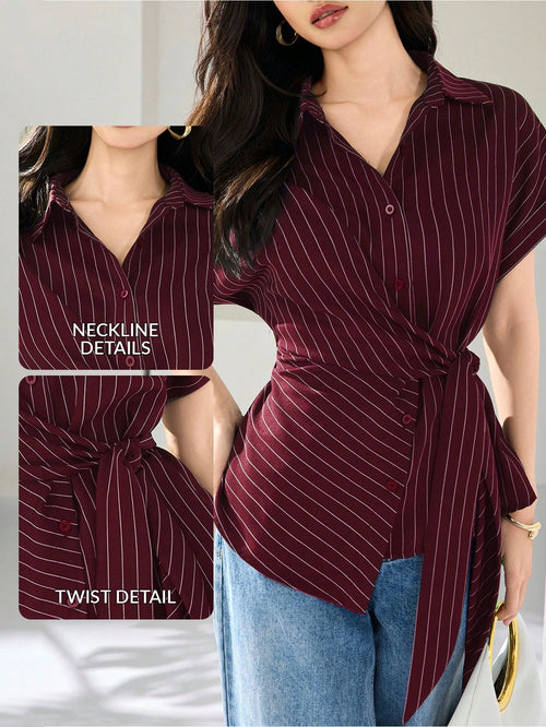 Heiryn Women's Summer Elegant Commuter Office Burgundy Front Button Cinched Cinched Waist Shirt Teachers' Day