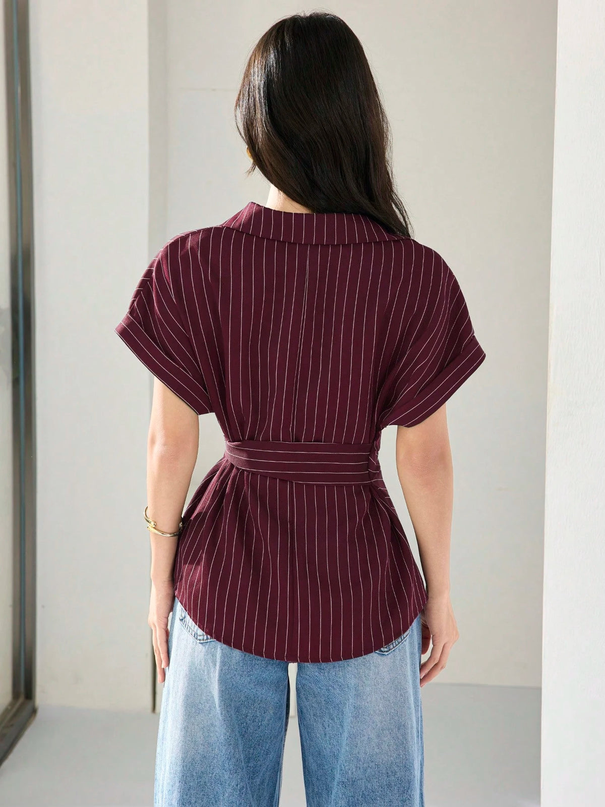 Heiryn Women's Summer Elegant Commuter Office Burgundy Front Button Cinched Cinched Waist Shirt Teachers' Day