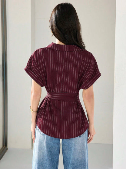 Heiryn Women's Summer Elegant Commuter Office Burgundy Front Button Cinched Cinched Waist Shirt Teachers' Day
