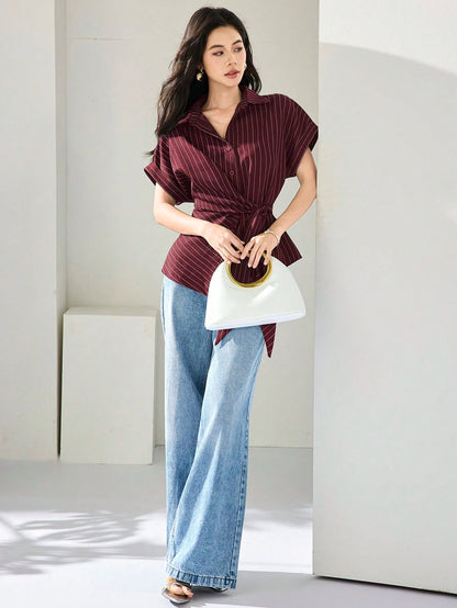 Heiryn Women's Summer Elegant Commuter Office Burgundy Front Button Cinched Cinched Waist Shirt Teachers' Day