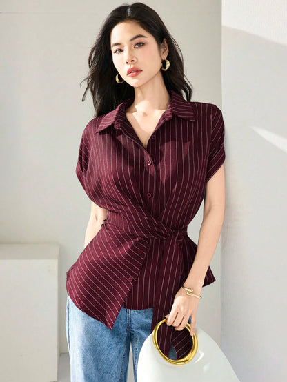 Heiryn Women's Summer Elegant Commuter Office Burgundy Front Button Cinched Cinched Waist Shirt Teachers' Day