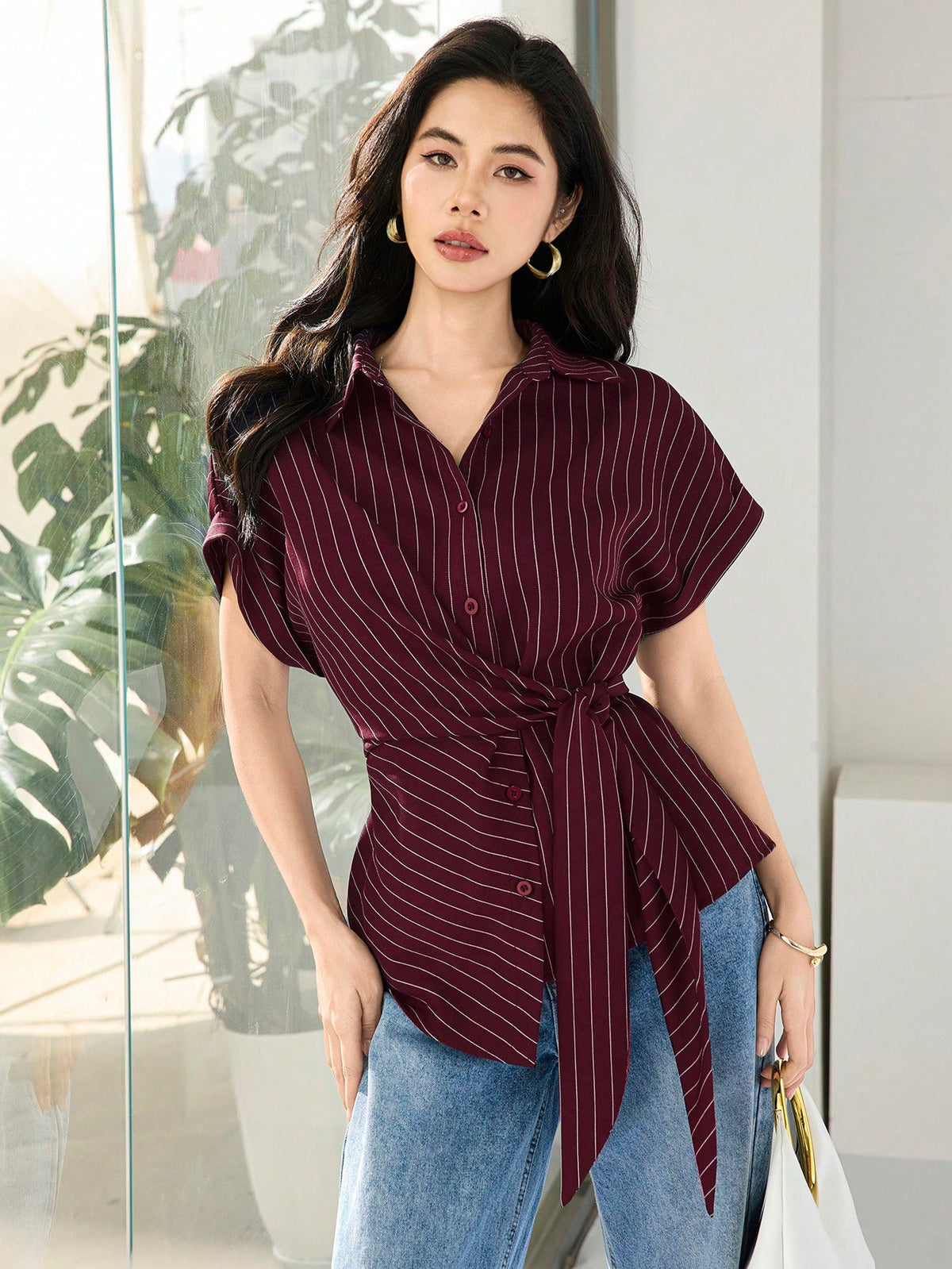 Heiryn Women's Summer Elegant Commuter Office Burgundy Front Button Cinched Cinched Waist Shirt Teachers' Day