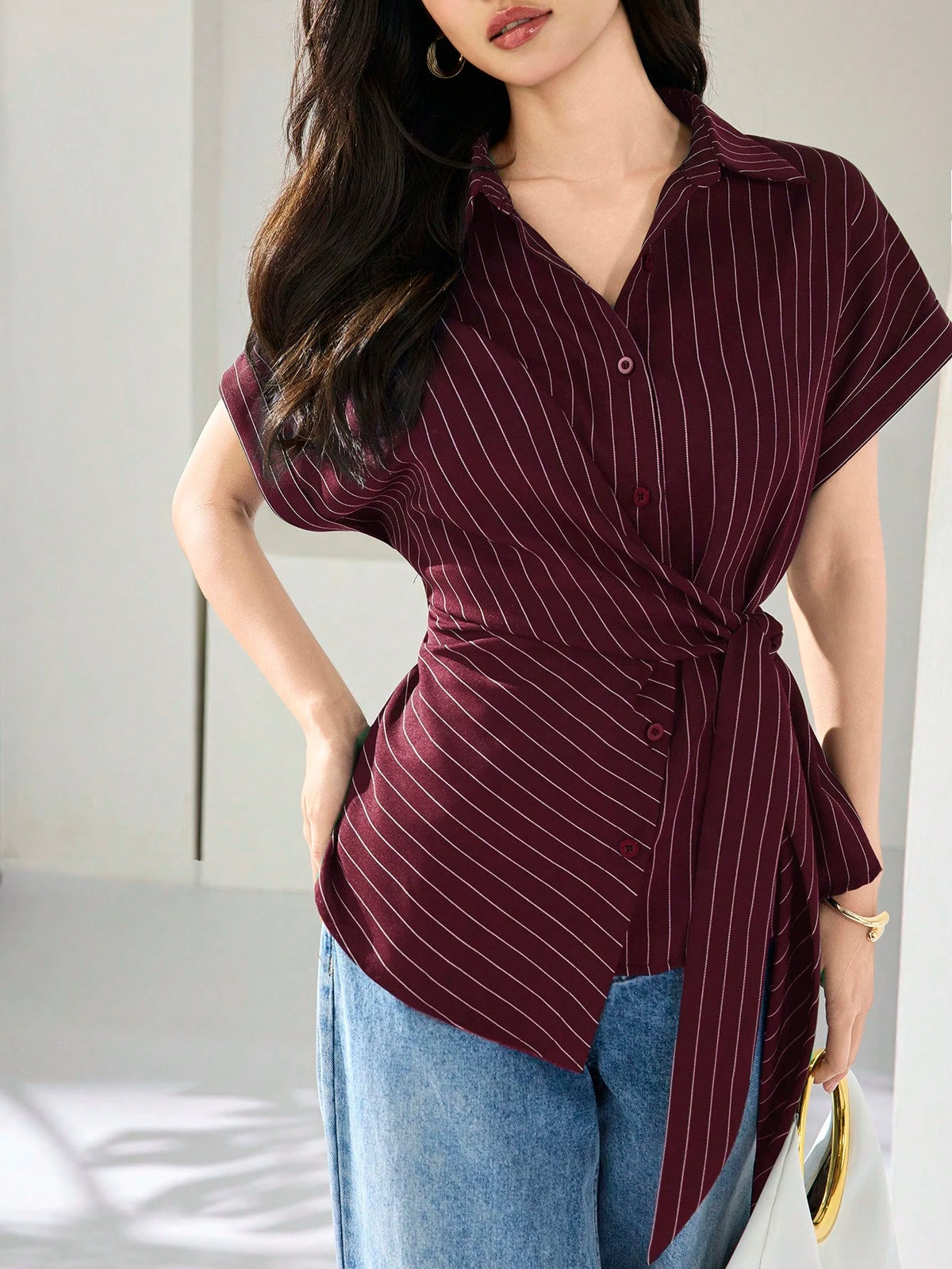 Heiryn Women's Summer Elegant Commuter Office Burgundy Front Button Cinched Cinched Waist Shirt Teachers' Day