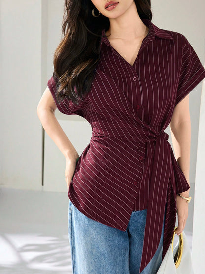 Heiryn Women's Summer Elegant Commuter Office Burgundy Front Button Cinched Cinched Waist Shirt Teachers' Day