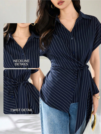 Heiryn Women's Summer Elegant Commuter Office Burgundy Front Button Cinched Cinched Waist Shirt Teachers' Day