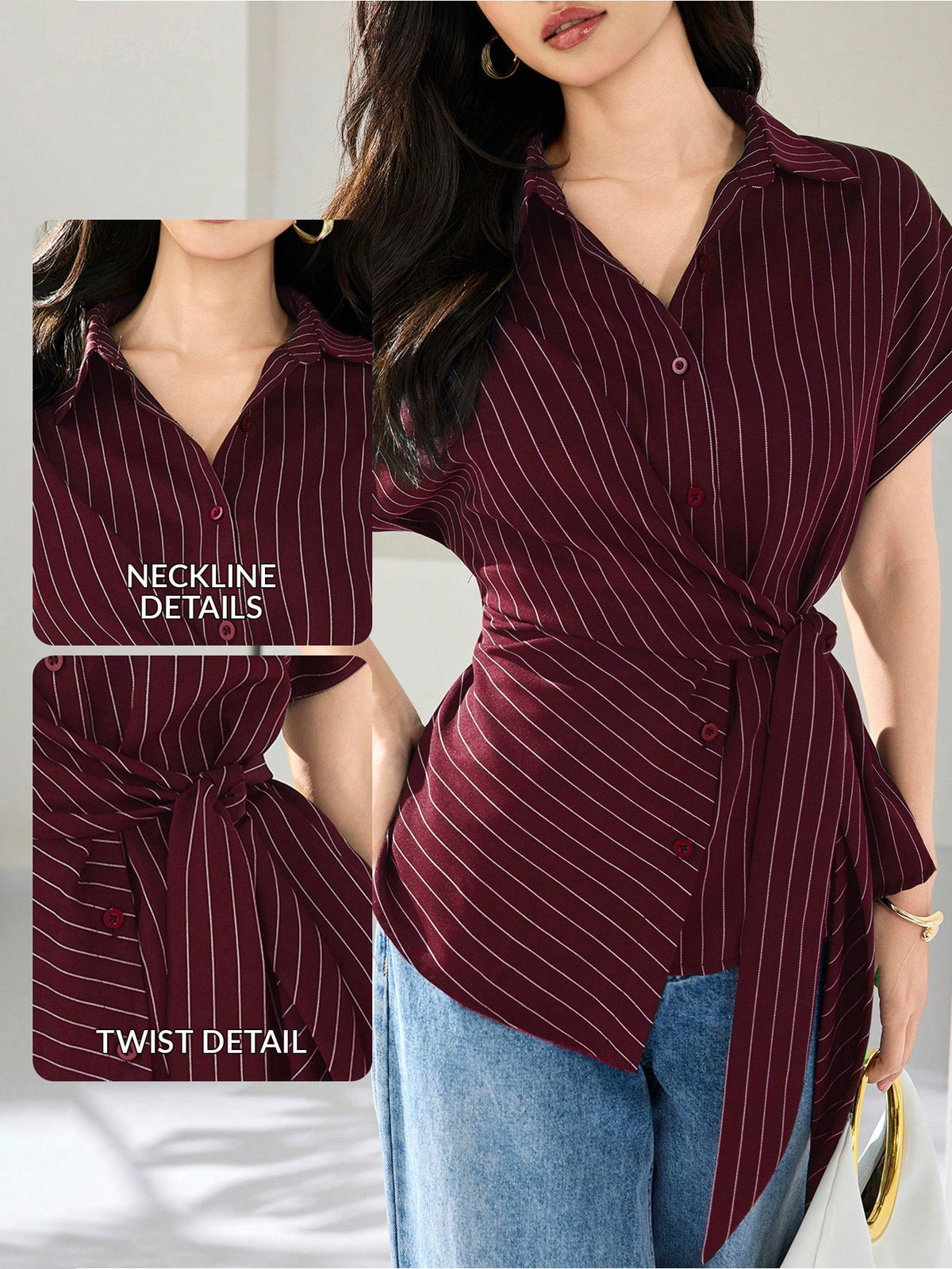 Heiryn Women's Summer Elegant Commuter Office Burgundy Front Button Cinched Cinched Waist Shirt Teachers' Day