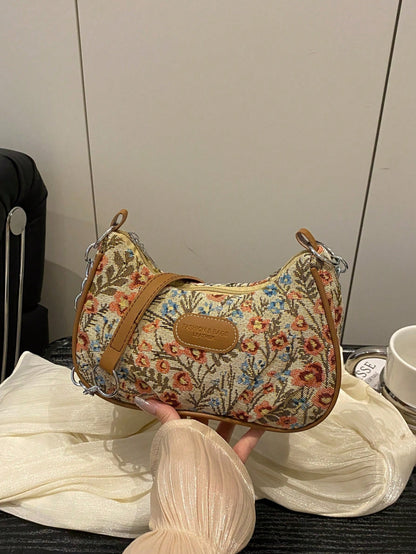 Hevel,Fashionable Versatile Solid Color New Floral Print Shoulder Bag, Casual Minimalist Baguette Small Square Bag For Women,Beach Bag,Bags For Woman