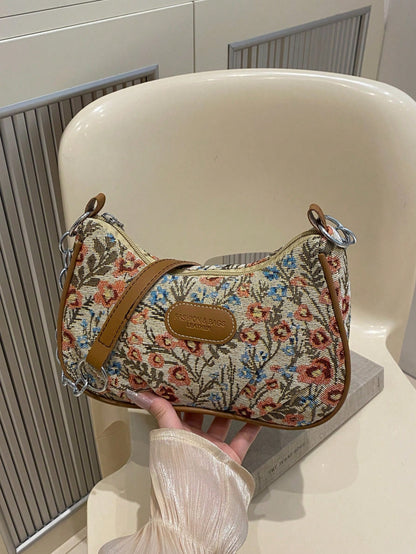 Hevel,Fashionable Versatile Solid Color New Floral Print Shoulder Bag, Casual Minimalist Baguette Small Square Bag For Women,Beach Bag,Bags For Woman