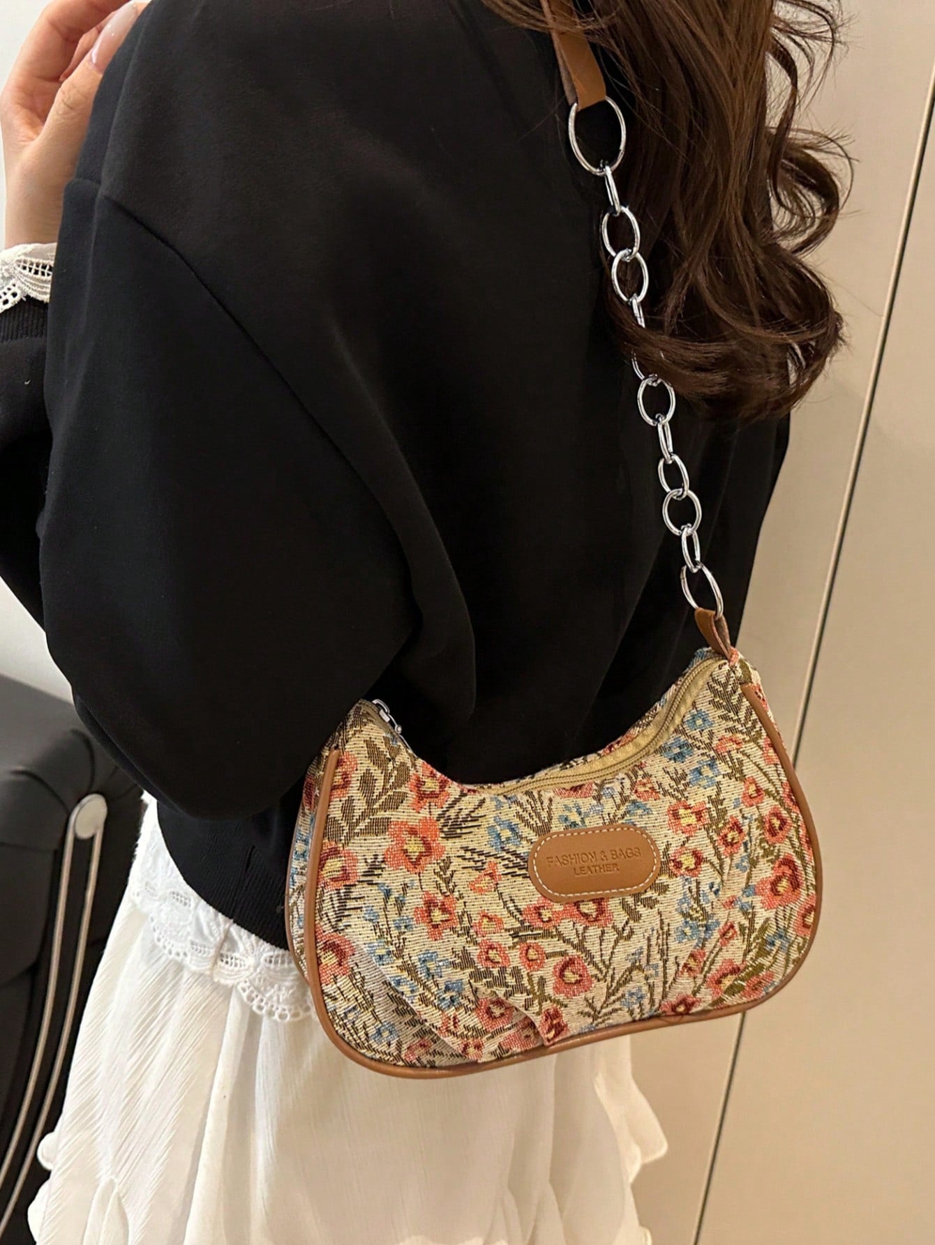 Hevel,Fashionable Versatile Solid Color New Floral Print Shoulder Bag, Casual Minimalist Baguette Small Square Bag For Women,Beach Bag,Bags For Woman