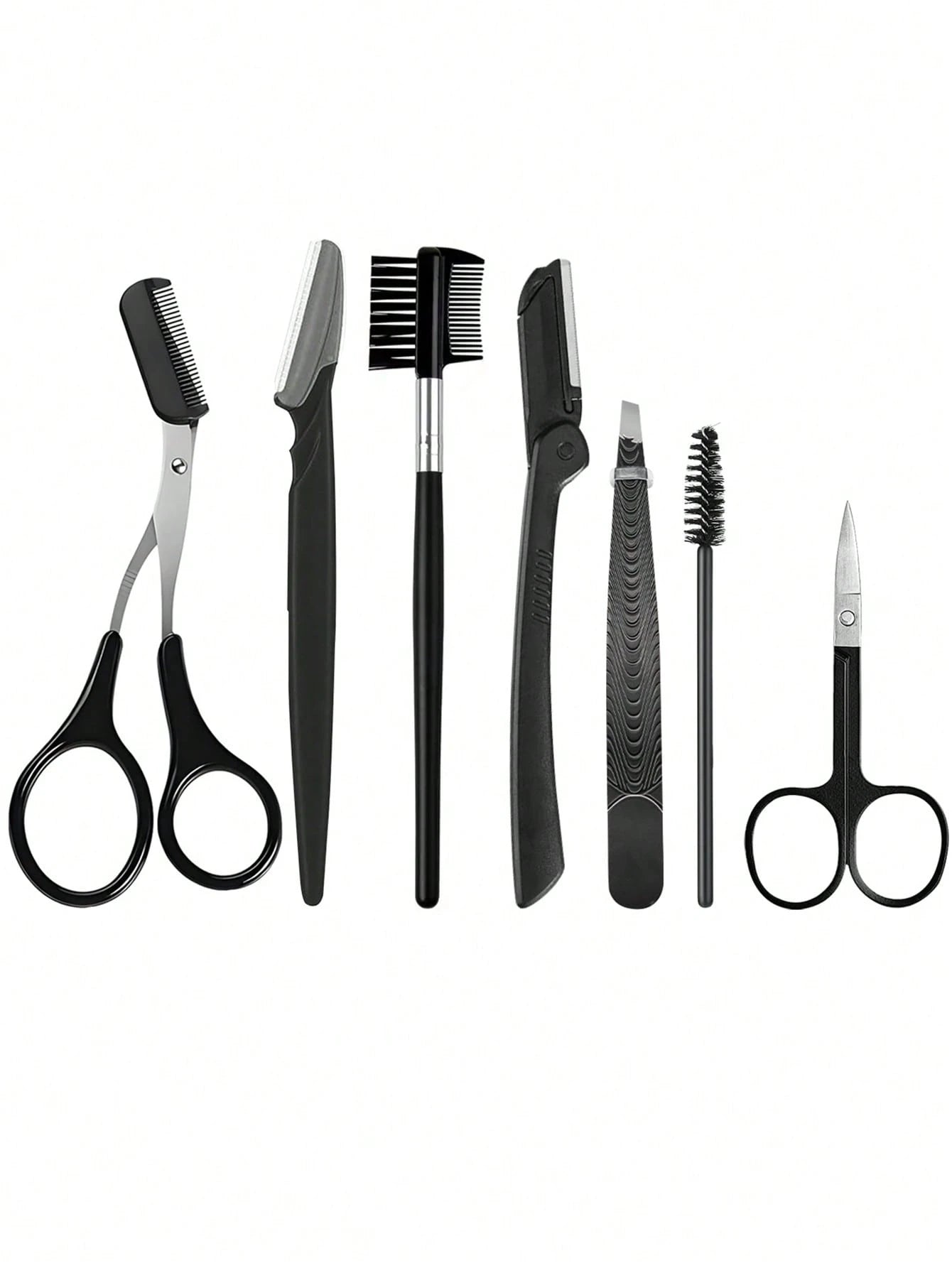 HJP MOKXIC 7-Piece Eye Makeup Tool Kit, Multifunctional 7-In-1 Eye Beauty Tools Set Including 2 Eyebrow Razors, 1 Scissors, 1 Eyebrow Comb, 1 Double-Sided Eyebrow Brush, 1 Eyelash Comb, 1 Tweezers, Pr