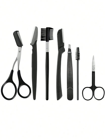 HJP MOKXIC 7-Piece Eye Makeup Tool Kit, Multifunctional 7-In-1 Eye Beauty Tools Set Including 2 Eyebrow Razors, 1 Scissors, 1 Eyebrow Comb, 1 Double-Sided Eyebrow Brush, 1 Eyelash Comb, 1 Tweezers, Pr