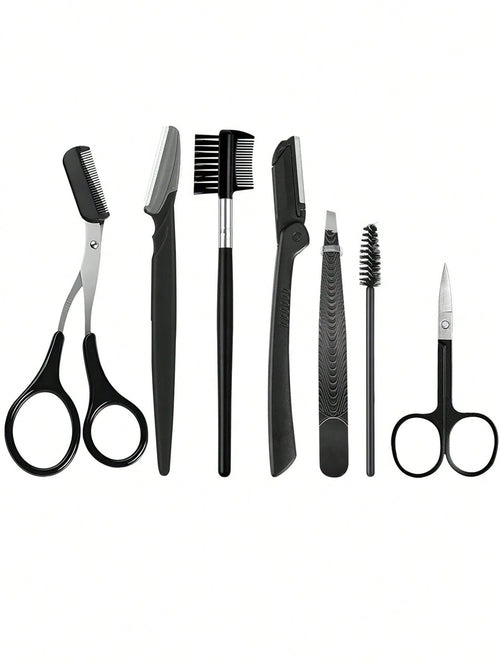 HJP MOKXIC 7-Piece Eye Makeup Tool Kit, Multifunctional 7-In-1 Eye Beauty Tools Set Including 2 Eyebrow Razors, 1 Scissors, 1 Eyebrow Comb, 1 Double-Sided Eyebrow Brush, 1 Eyelash Comb, 1 Tweezers, Pr