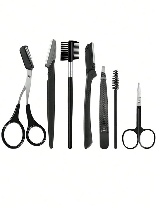 HJP MOKXIC 7-Piece Eye Makeup Tool Kit, Multifunctional 7-In-1 Eye Beauty Tools Set Including 2 Eyebrow Razors, 1 Scissors, 1 Eyebrow Comb, 1 Double-Sided Eyebrow Brush, 1 Eyelash Comb, 1 Tweezers, Pr