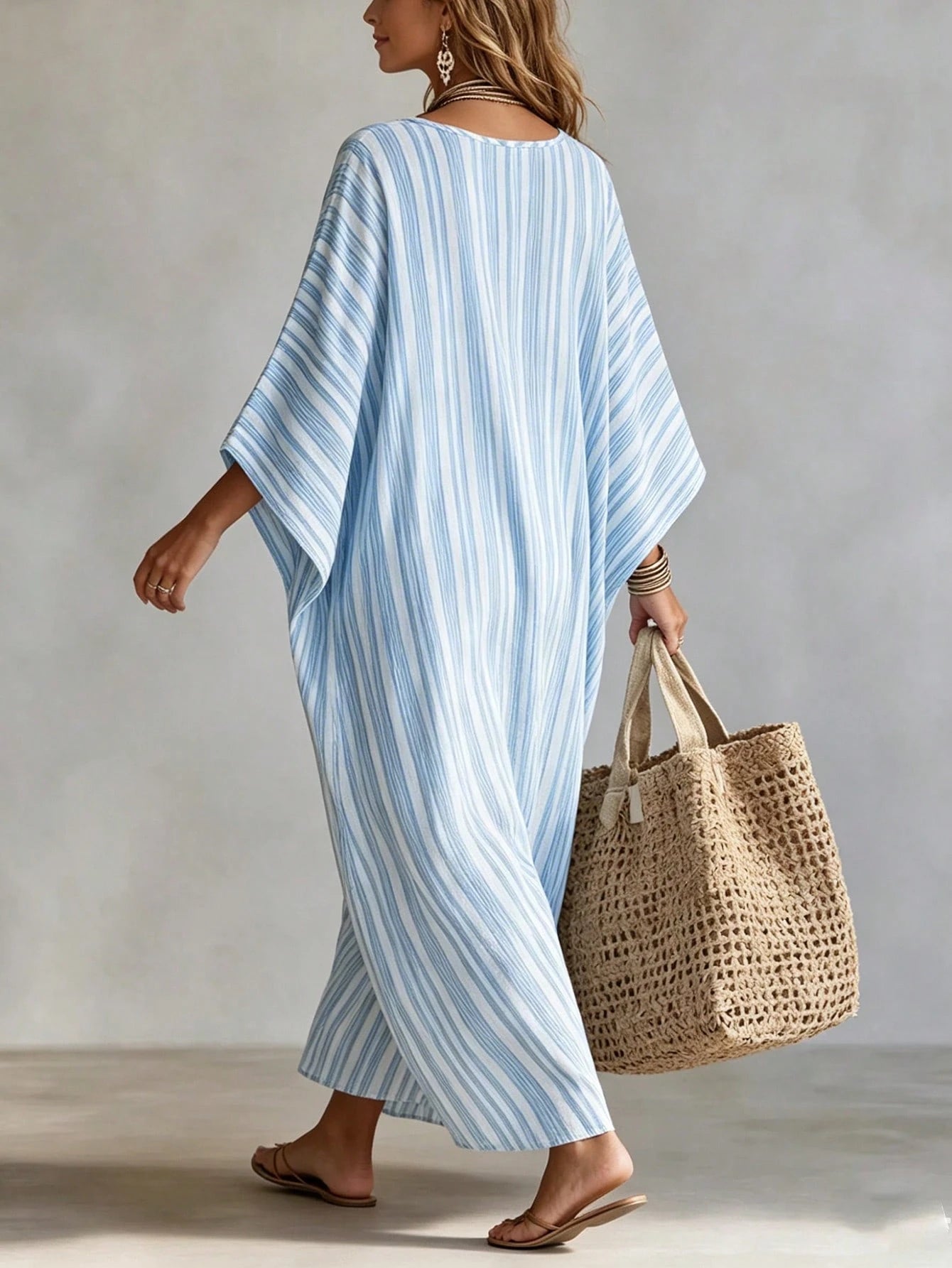 Holidaya Fashionable High-End V-Neck Striped Loose Casual Mid-Sleeve Women's Dress, Women's Spring/Summer Dress, Vacation, Outing, Y2K, Spring, Summer, Back To School, Casual, Beach, Business, V