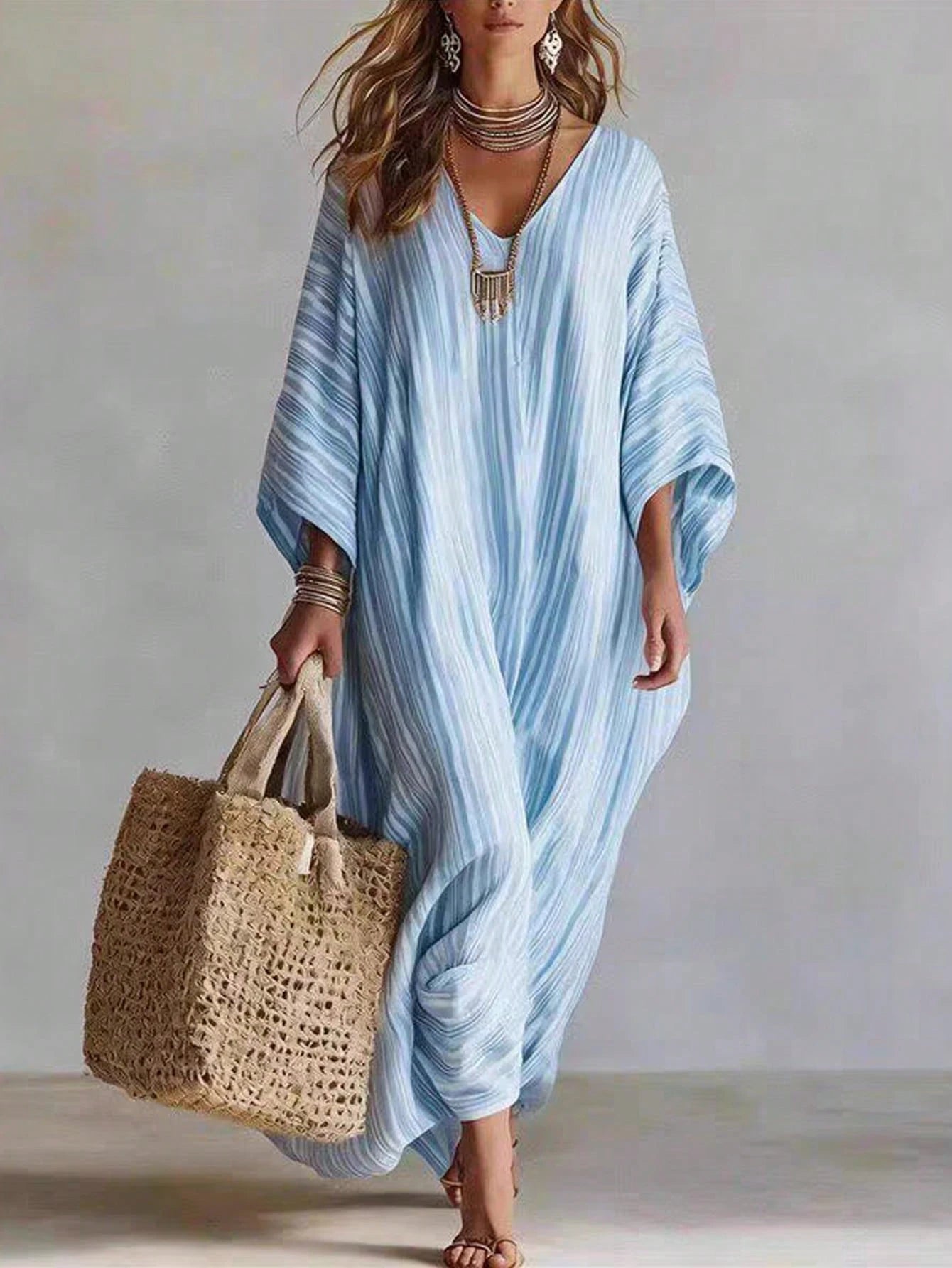 Holidaya Fashionable High-End V-Neck Striped Loose Casual Mid-Sleeve Women's Dress, Women's Spring/Summer Dress, Vacation, Outing, Y2K, Spring, Summer, Back To School, Casual, Beach, Business, V