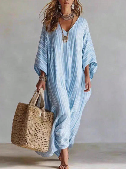 Holidaya Fashionable High-End V-Neck Striped Loose Casual Mid-Sleeve Women's Dress, Women's Spring/Summer Dress, Vacation, Outing, Y2K, Spring, Summer, Back To School, Casual, Beach, Business, V