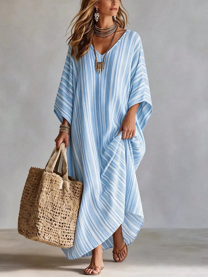 Holidaya Fashionable High-End V-Neck Striped Loose Casual Mid-Sleeve Women's Dress, Women's Spring/Summer Dress, Vacation, Outing, Y2K, Spring, Summer, Back To School, Casual, Beach, Business, V