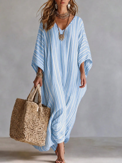 Holidaya Fashionable High-End V-Neck Striped Loose Casual Mid-Sleeve Women's Dress, Women's Spring/Summer Dress, Vacation, Outing, Y2K, Spring, Summer, Back To School, Casual, Beach, Business, V