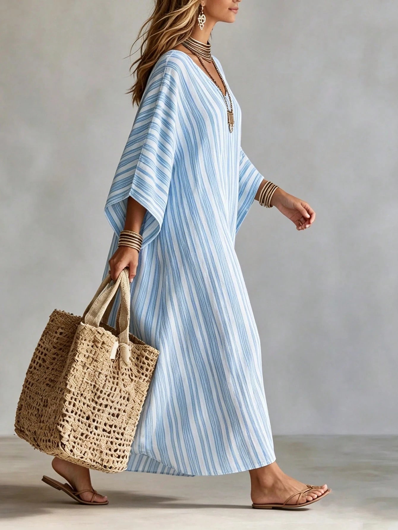 Holidaya Fashionable High-End V-Neck Striped Loose Casual Mid-Sleeve Women's Dress, Women's Spring/Summer Dress, Vacation, Outing, Y2K, Spring, Summer, Back To School, Casual, Beach, Business, V