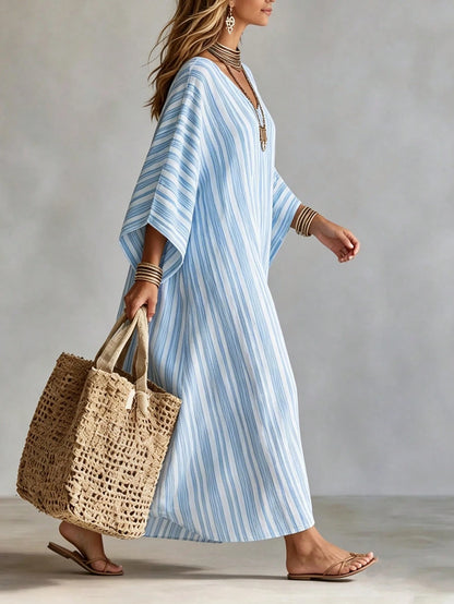 Holidaya Fashionable High-End V-Neck Striped Loose Casual Mid-Sleeve Women's Dress, Women's Spring/Summer Dress, Vacation, Outing, Y2K, Spring, Summer, Back To School, Casual, Beach, Business, V