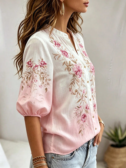 Holidaya Summer European And American New Style Elegant Literary Vintage Short Sleeve Blouse For Women, Linen 3D Digital Print Casual Top For Women