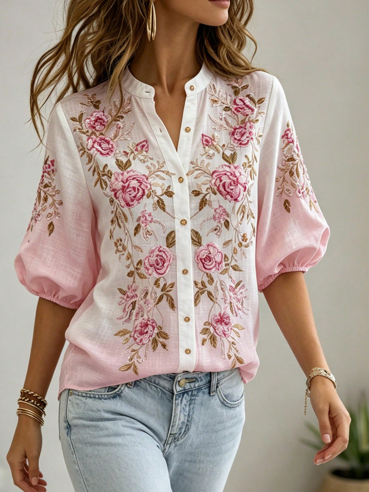 Holidaya Summer European And American New Style Elegant Literary Vintage Short Sleeve Blouse For Women, Linen 3D Digital Print Casual Top For Women