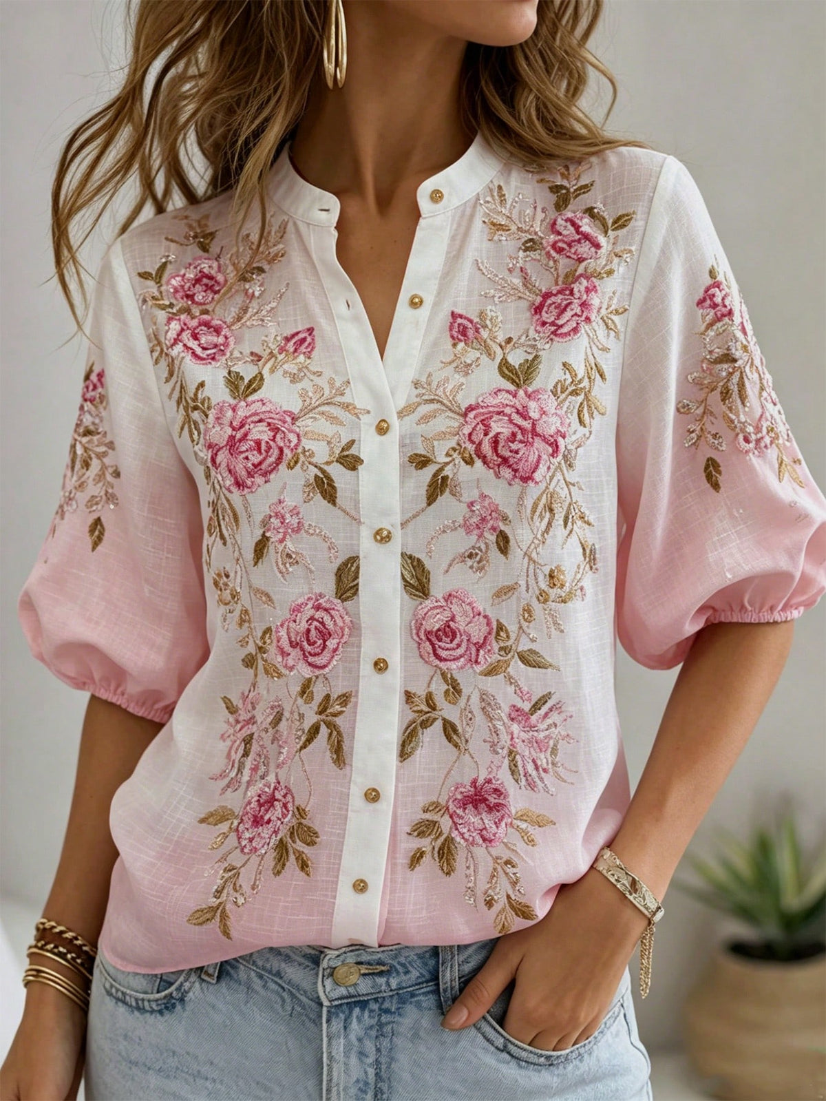 Holidaya Summer European And American New Style Elegant Literary Vintage Short Sleeve Blouse For Women, Linen 3D Digital Print Casual Top For Women