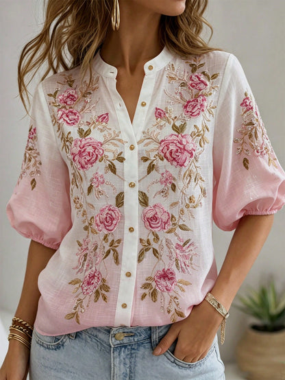 Holidaya Summer European And American New Style Elegant Literary Vintage Short Sleeve Blouse For Women, Linen 3D Digital Print Casual Top For Women