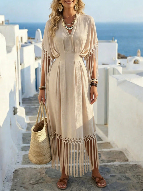 Holidaya Women's Light Beige V-Neck Fringe Decor Waist Cinched Long Dress,Boho Summer Beach Vacation Tassel Dress,Greece Holiday Resort Wear,Elegant Casual