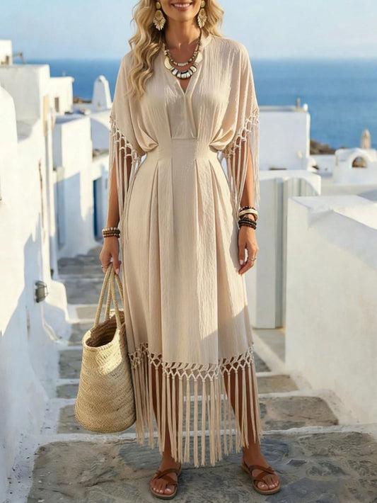 Holidaya Women's Light Beige V-Neck Fringe Decor Waist Cinched Long Dress,Boho Summer Beach Vacation Tassel Dress,Greece Holiday Resort Wear,Elegant Casual