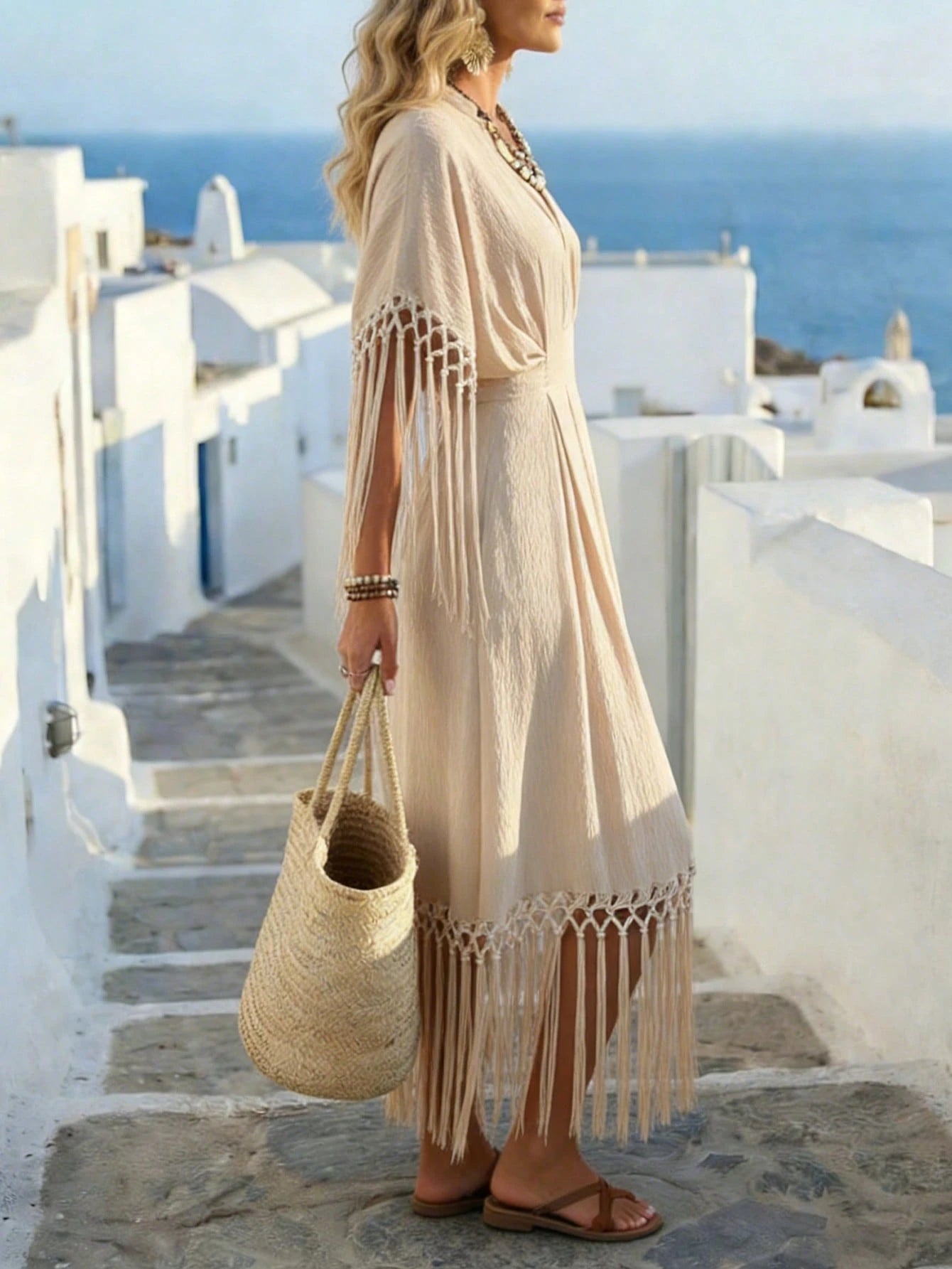Holidaya Women's Light Beige V-Neck Fringe Decor Waist Cinched Long Dress,Boho Summer Beach Vacation Tassel Dress,Greece Holiday Resort Wear,Elegant Casual