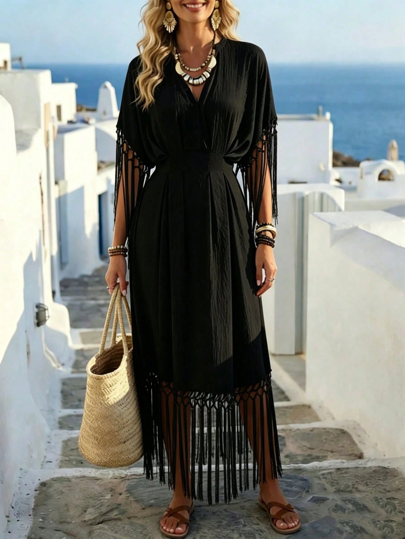 Holidaya Women's Light Beige V-Neck Fringe Decor Waist Cinched Long Dress,Boho Summer Beach Vacation Tassel Dress,Greece Holiday Resort Wear,Elegant Casual