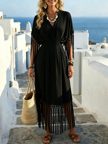 Holidaya Women's Light Beige V-Neck Fringe Decor Waist Cinched Long Dress,Boho Summer Beach Vacation Tassel Dress,Greece Holiday Resort Wear,Elegant Casual