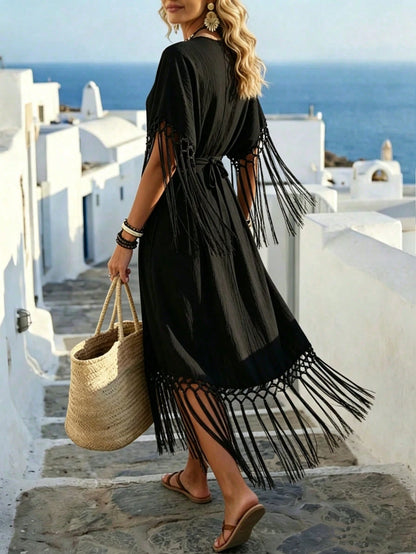 Holidaya Women's Light Beige V-Neck Fringe Decor Waist Cinched Long Dress,Boho Summer Beach Vacation Tassel Dress,Greece Holiday Resort Wear,Elegant Casual