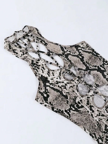 Hollow Out Fashion Snake Skin Random Print Sleeveless Women Dress Party Elegant Summer
