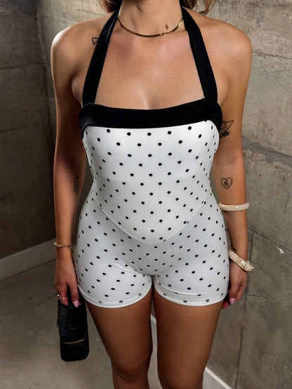 hollyjadebate Women's Casual Sports Polka Dot Print Halter Jumpsuit
