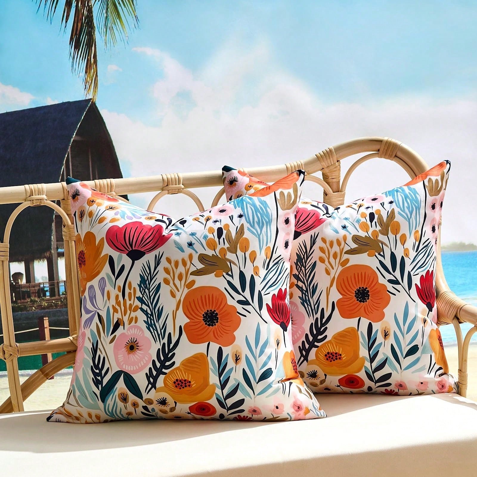 HOMPOOLL 2Pcs Outdoor Waterproof Throw Pillow Covers Floral Printed Blue Pink Orange Red Flower Pillowcase Farmhouse Outdoor Pillow Covers Square 18x18 Inch For Sofa Garden Patio Funiture Bench
