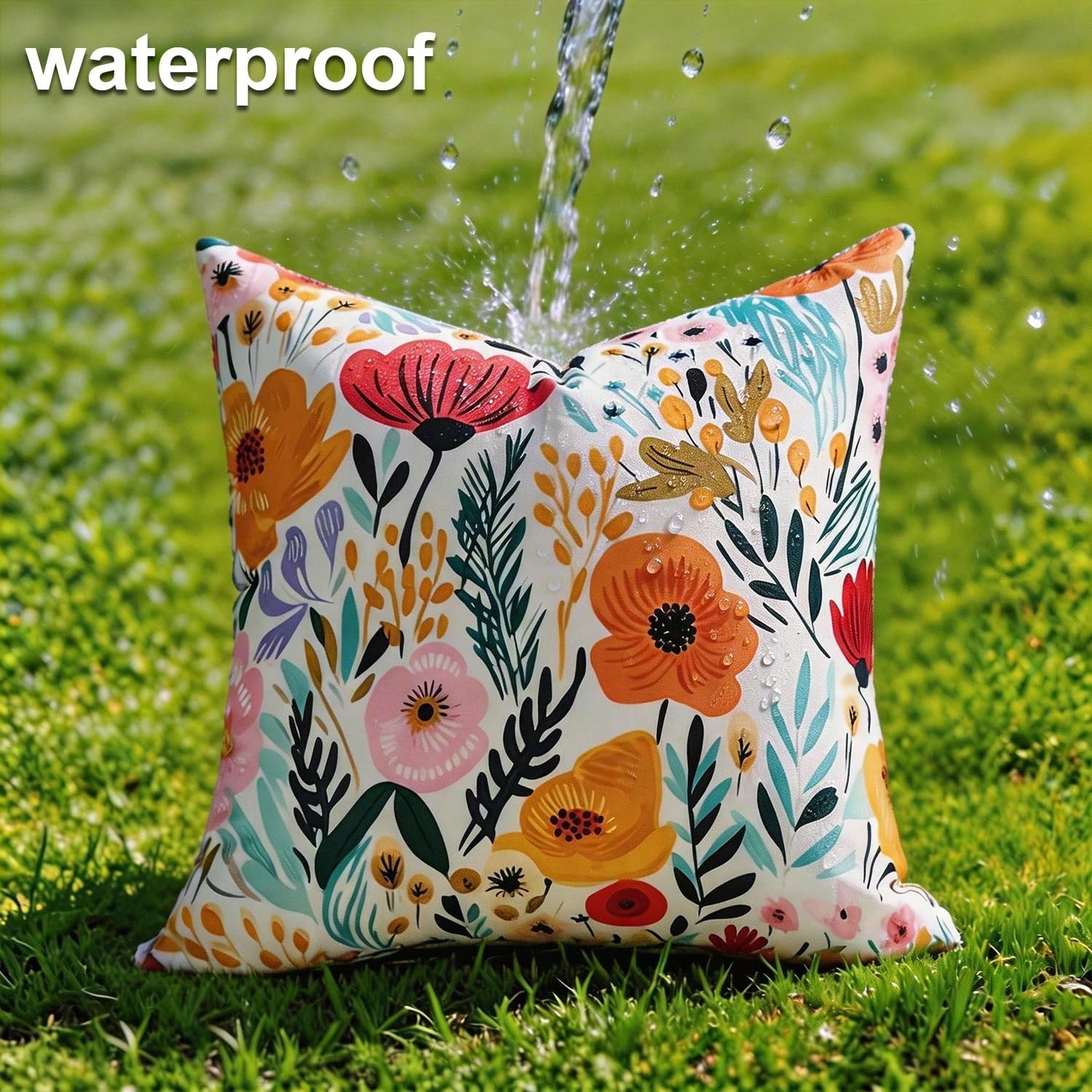 HOMPOOLL 2Pcs Outdoor Waterproof Throw Pillow Covers Floral Printed Blue Pink Orange Red Flower Pillowcase Farmhouse Outdoor Pillow Covers Square 18x18 Inch For Sofa Garden Patio Funiture Bench