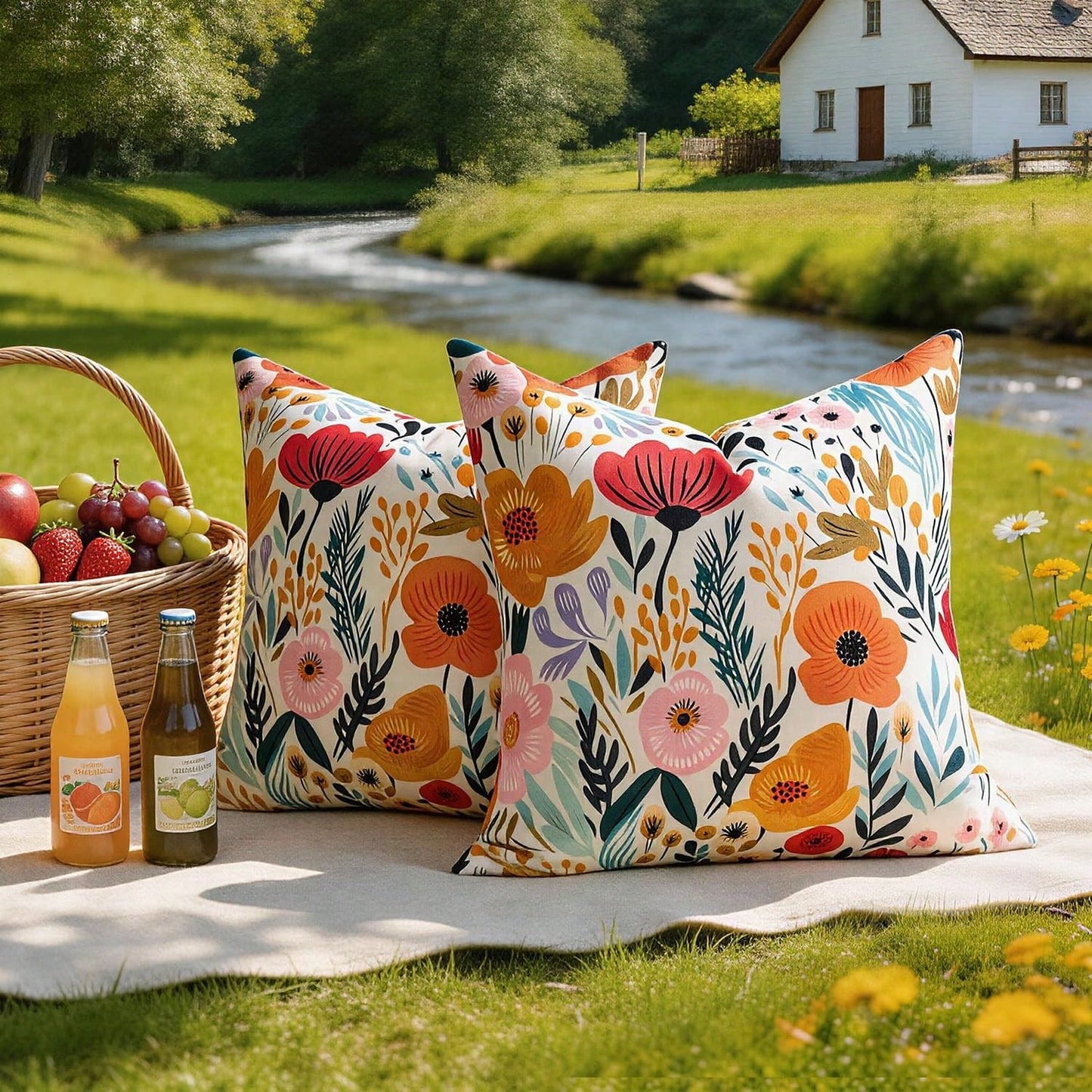 HOMPOOLL 2Pcs Outdoor Waterproof Throw Pillow Covers Floral Printed Blue Pink Orange Red Flower Pillowcase Farmhouse Outdoor Pillow Covers Square 18x18 Inch For Sofa Garden Patio Funiture Bench