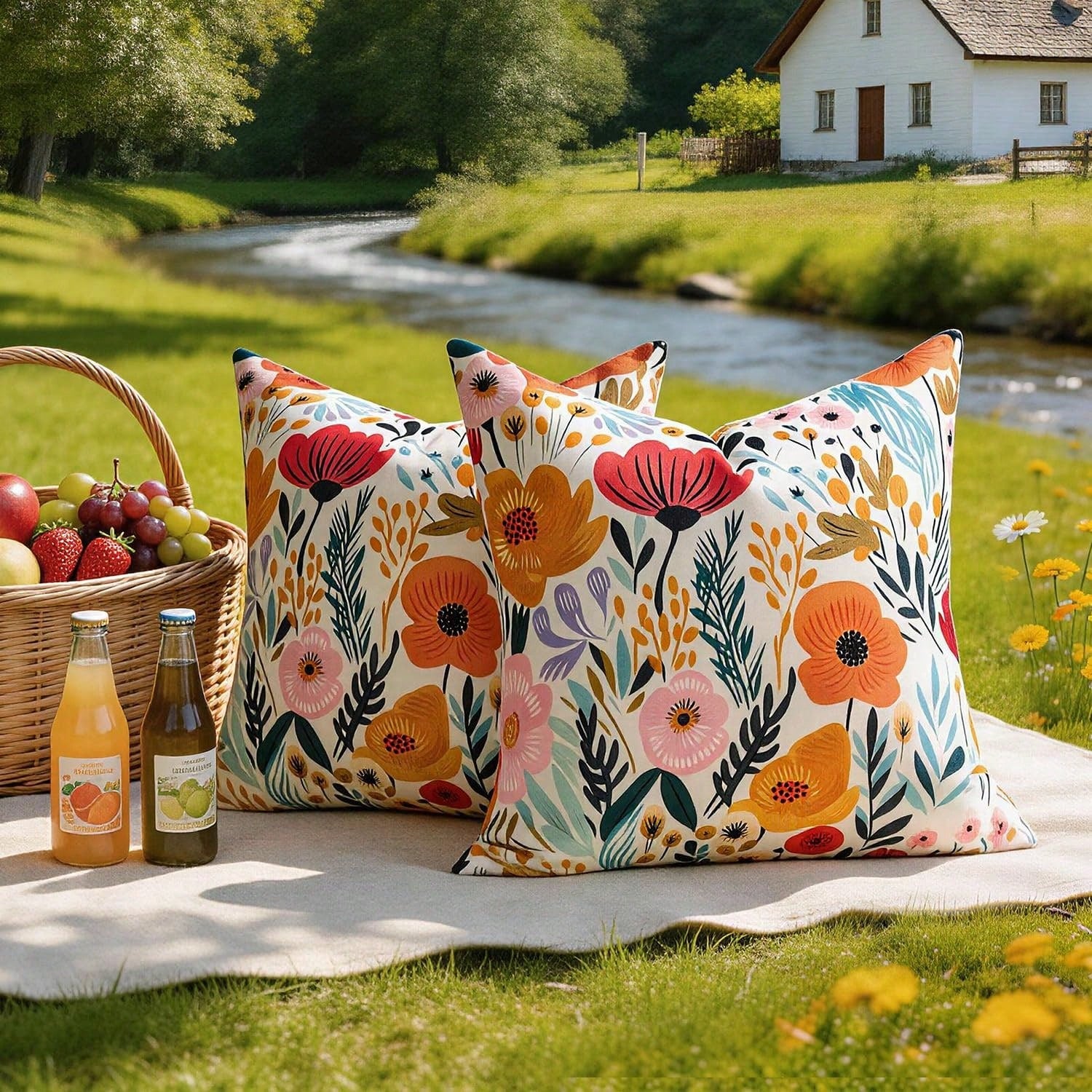HOMPOOLL 2Pcs Outdoor Waterproof Throw Pillow Covers Floral Printed Blue Pink Orange Red Flower Pillowcase Farmhouse Outdoor Pillow Covers Square 18x18 Inch For Sofa Garden Patio Funiture Bench