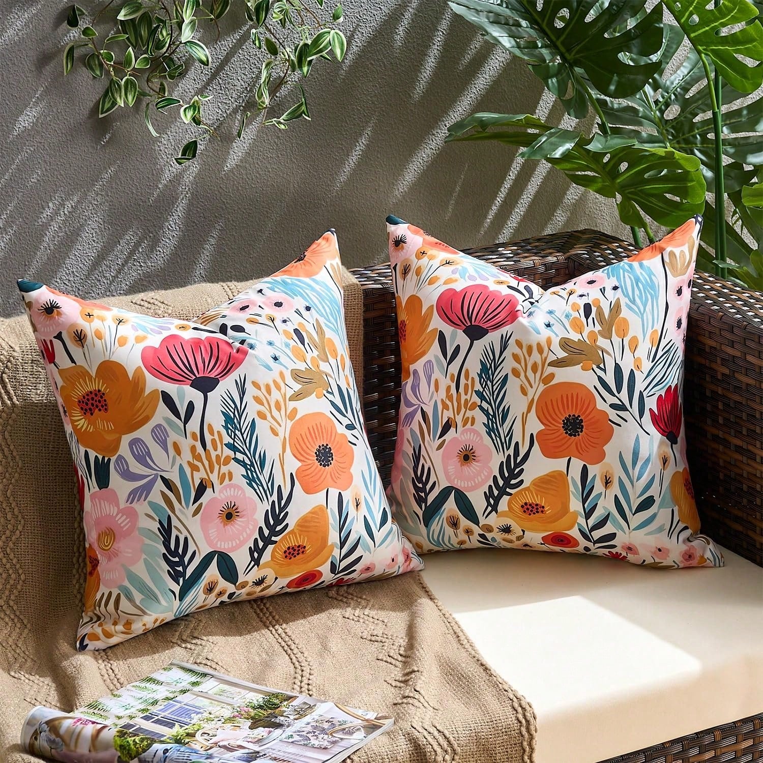 HOMPOOLL 2Pcs Outdoor Waterproof Throw Pillow Covers Floral Printed Blue Pink Orange Red Flower Pillowcase Farmhouse Outdoor Pillow Covers Square 18x18 Inch For Sofa Garden Patio Funiture Bench