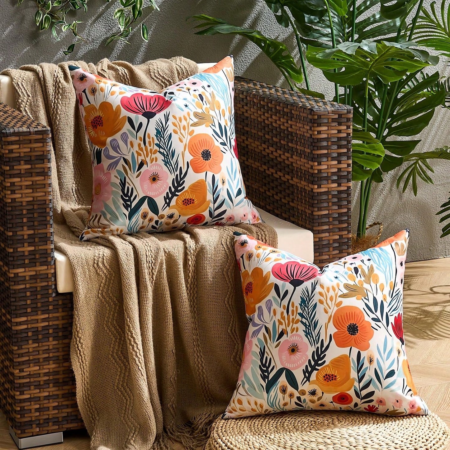 HOMPOOLL 2Pcs Outdoor Waterproof Throw Pillow Covers Floral Printed Blue Pink Orange Red Flower Pillowcase Farmhouse Outdoor Pillow Covers Square 18x18 Inch For Sofa Garden Patio Funiture Bench