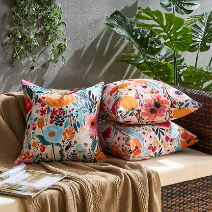 HOMPOOLL 2Pcs Outdoor Waterproof Throw Pillow Covers Floral Printed Blue Pink Orange Red Flower Pillowcase Farmhouse Outdoor Pillow Covers Square 18x18 Inch For Sofa Garden Patio Funiture Bench