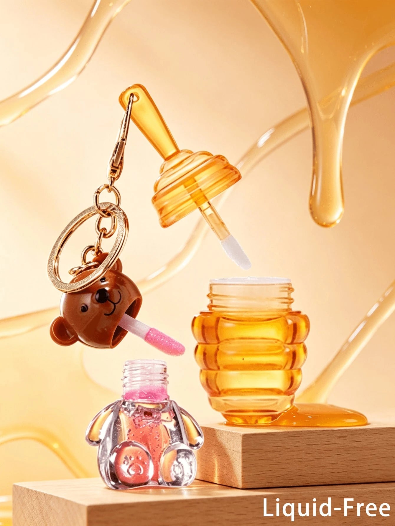 Honey Bear 2-In-1 Keychain Lip Gloss Empty Bottle, Mini Portable DIY Lip Gloss Refill Tube, 2ml+5ml, Travel Makeup Refill Container, Commute Light Makeup Homemade Lip Gloss Empty Tube, Creative Girl B
