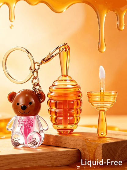 Honey Bear 2-In-1 Keychain Lip Gloss Empty Bottle, Mini Portable DIY Lip Gloss Refill Tube, 2ml+5ml, Travel Makeup Refill Container, Commute Light Makeup Homemade Lip Gloss Empty Tube, Creative Girl B