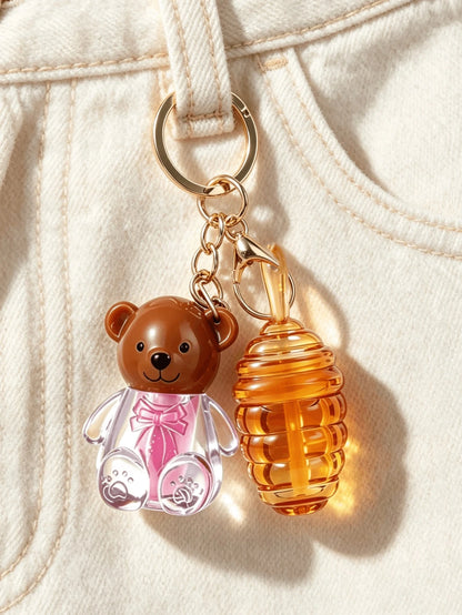 Honey Bear 2-In-1 Keychain Lip Gloss Empty Bottle, Mini Portable DIY Lip Gloss Refill Tube, 2ml+5ml, Travel Makeup Refill Container, Commute Light Makeup Homemade Lip Gloss Empty Tube, Creative Girl B