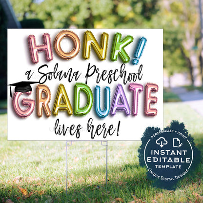 Honk Preschool Graduation Yard Sign, Editable Graduation Parade Drive By Poster Kindergarten Graduate Banner Printable Digital DIY INSTANT
